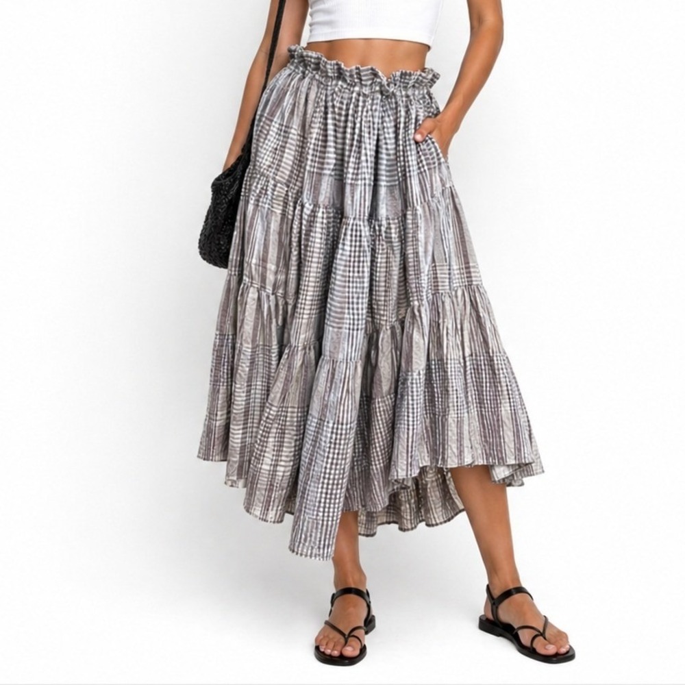Peppers Tiered Midi Skirt Women S Grey Gingham Plaid Patchwork Cotton Paperbag